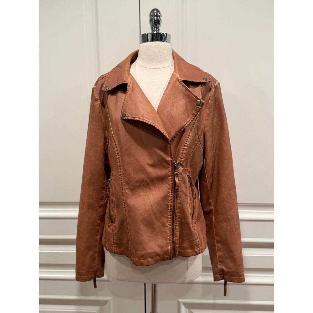 Max Studio Tan Faux Leather Distressed Motorcycle Jacket Large Machine Washable
